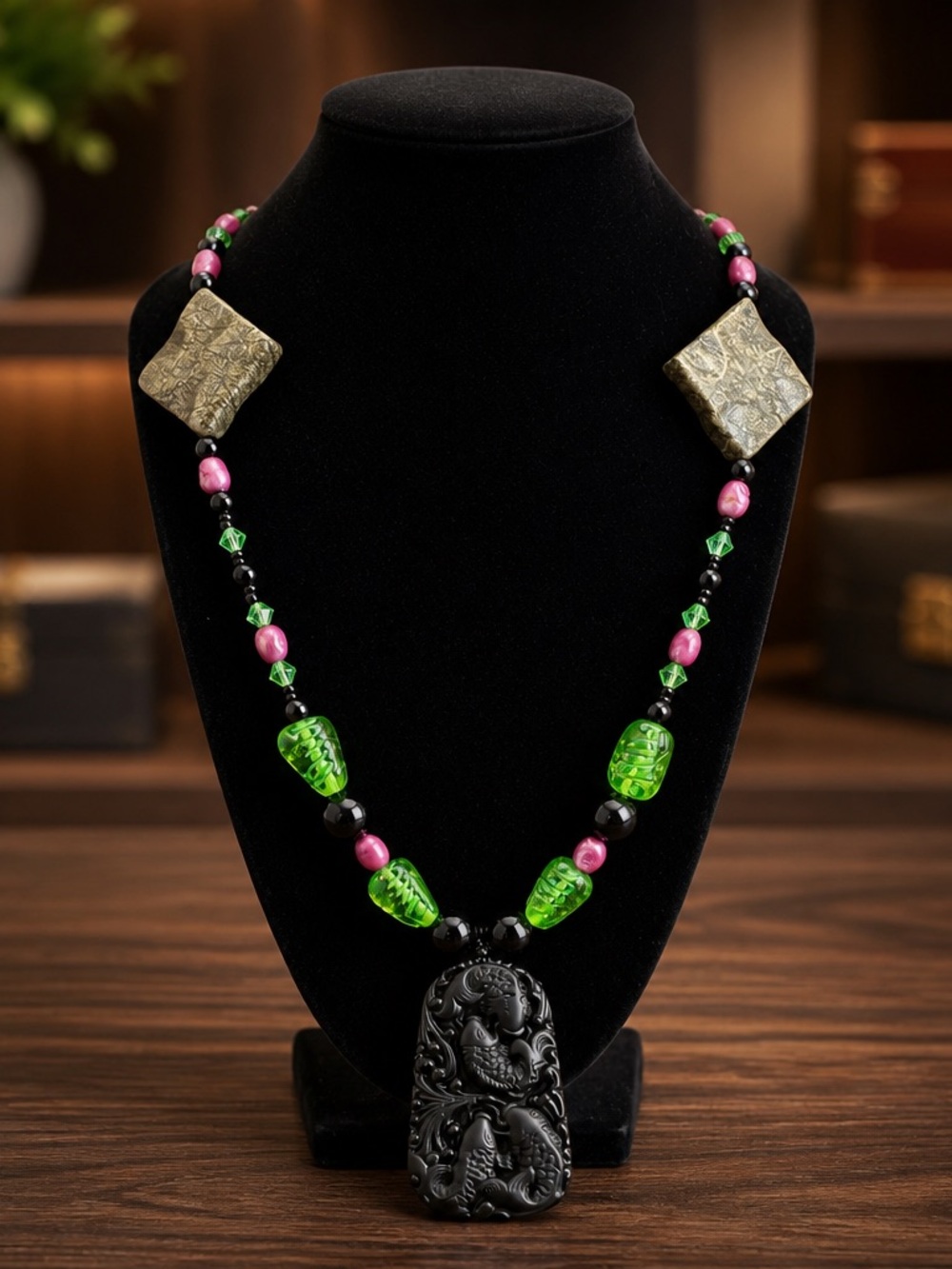 Handcrafted Black Jade Pendant Necklace with Green and Pink Beads